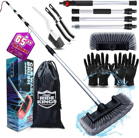 Car Detailing Kit with 65 in Flow-Thru Handle - 4-Head Car Wash Brush Set (Includes 2 Stiff Brushes) - Paint-Safe Auto Washing Mop for Sedan, SUV Exterior Care & Windshield (Grey)