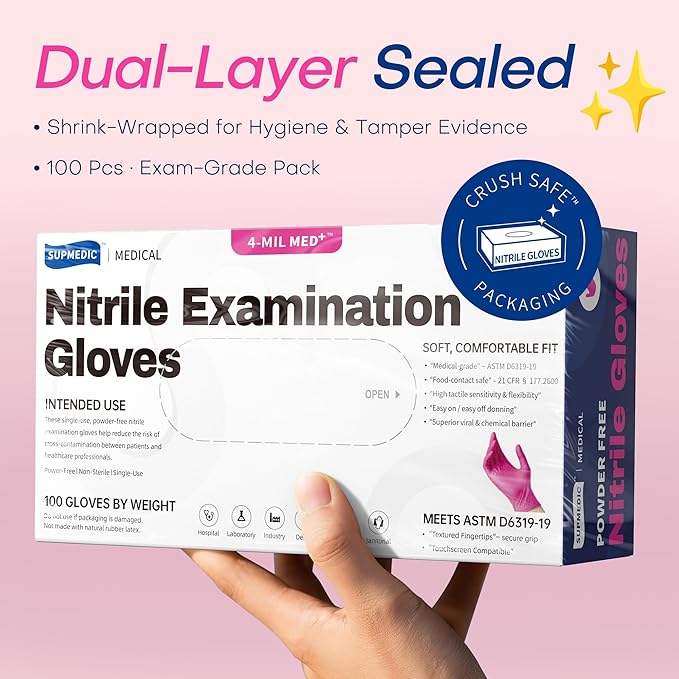 Supmedic Nitrile Exam Gloves, 4 Mil 1000 Ct, Powder-Free Latex-Free Cooking Food-Safe Disposable Medical Gloves, Rose Orchid