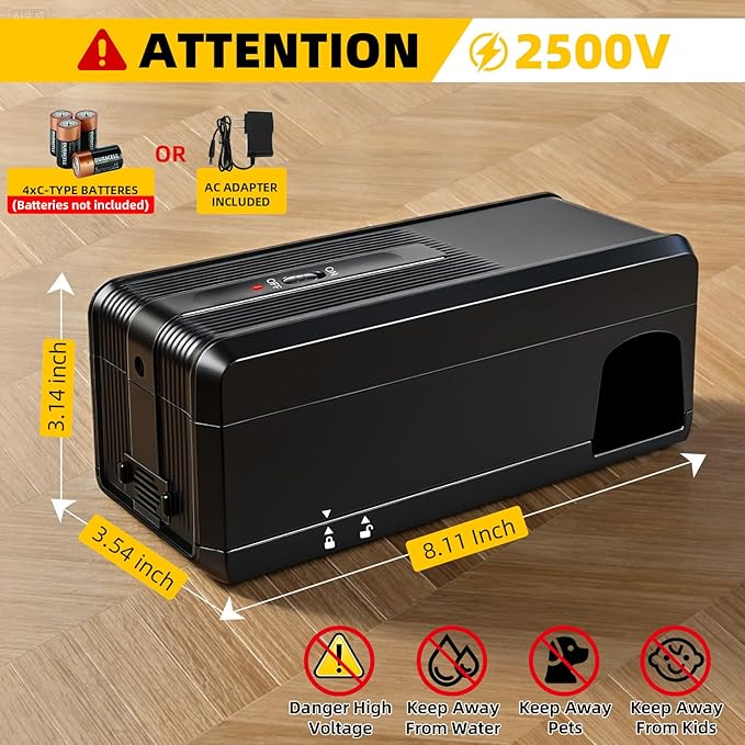 High Voltage Electric Mouse Trap Zapper, Instantly Kills Mice & Rats, No Touch Reusable Indoor Rat Killer Trap for Home, Kitchen, and Commercial Use,Safe and Effective Rodent Control