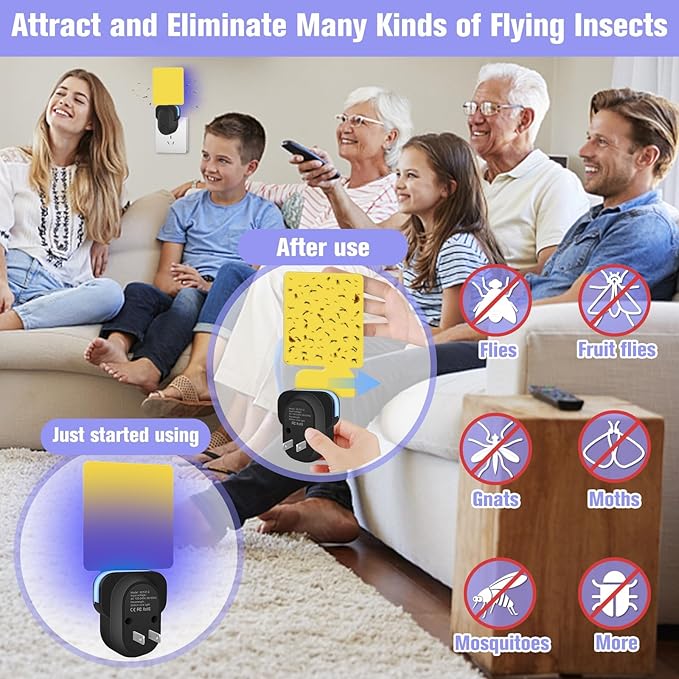 Flying Insect Trap Plug-in, Indoor Mosquito & Gnat Killer, Safe Non-Toxic UV Light Fly Catcher, Night Light Bug Trap with Sticky Pad for Flies, Gnats, Moths (1 Pack, Deep Black)