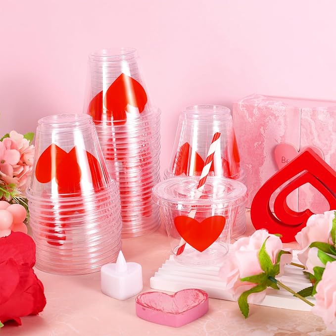 Whaline 100 Pcs 9 Oz Valentine's Day Disposable Plastic Cups with Lids and Straws Red Heart Cold Beverage Valentine Love Heart Drinking Cups Iced Coffee Juice Tea Cup for Wedding Whiskey Party Favors