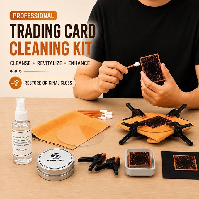 RENDWP 17-in-1 Trading Card Cleaning Care Kit with Clean Spray,Polish,Tweezers,Flattening Tool in Box for All Cards Restoration Repair and Grading Preparation and Flattenin Card Clean Accessories