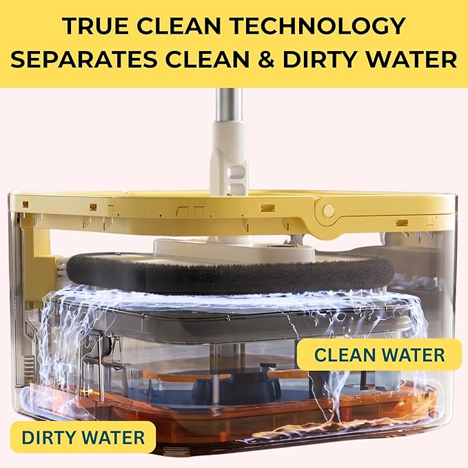 True & Tidy® TrueClean Spin Mop 2.0 w/Detachable Inner Bucket, Self Standing, Separates Clean and Dirty Water, Foldable Square Mop Head, Triple Jet Stream w/Hidden Brush, Replaceable 2pc Pads