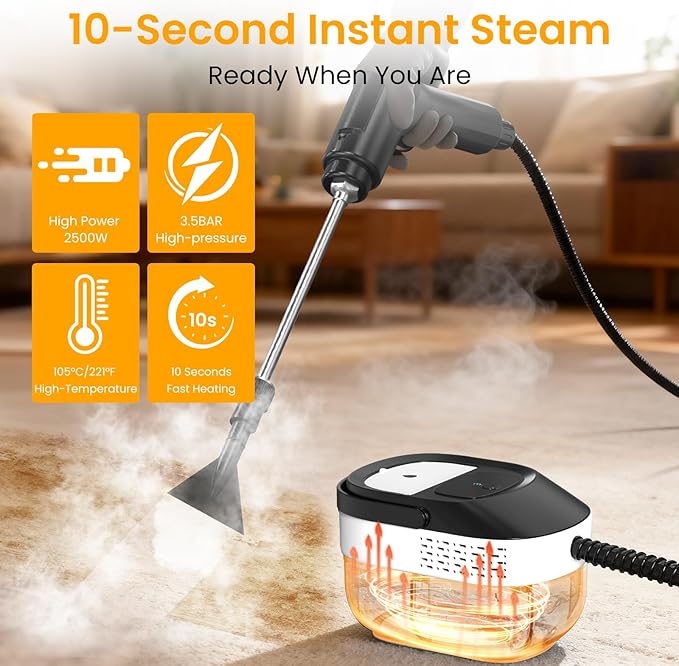 Pressurized Steam Cleaner 1.6L, 3-Level Adjustable Steamer for Cleaning, 10s Heat-Up, 2500W Handheld Steam Cleaner for Home, Car, Kitchen, Floor, Multi-Surface Cleaning Machine, 19pcs Accessories
