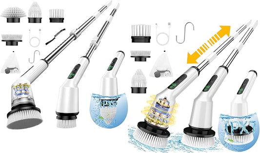 Electric Spin Scrubber for Cleaning Bathroom, Shower Scrubber Cordless Cleaning Brush with IPX7 Waterproof & 2 Speed, 8 in 1 Cleaning Brush Cleaning Supplies for Shower Tub Kitchen Tile Toilet White