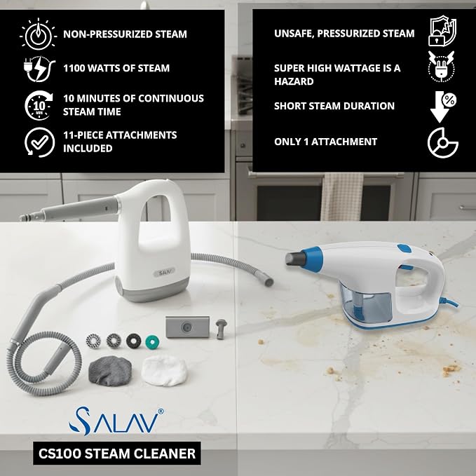 SALAV® CleanSteam Compact Steam Cleaner Pressurized Multi-Surface Handheld Steamer w/11pc Accessories, Safety Lock No-Drip Fast Heat Time Unlimited Use, for Cleaning Windows, Tiles, Grout, Car (White)