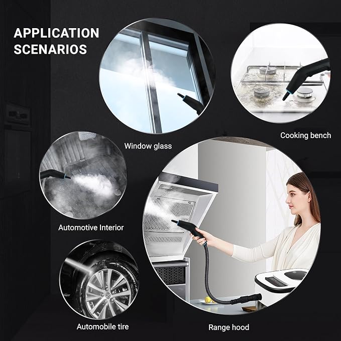 Heapsion Steam Cleaner, Steamer for Cleaning with 15s Fast Heat-Up, 6 Adjustable Levels, 12-Piece Accessories, 1500W Portable Steam Cleaner for Grout, Tiles, Kitchen, Car Detailing, Black and White