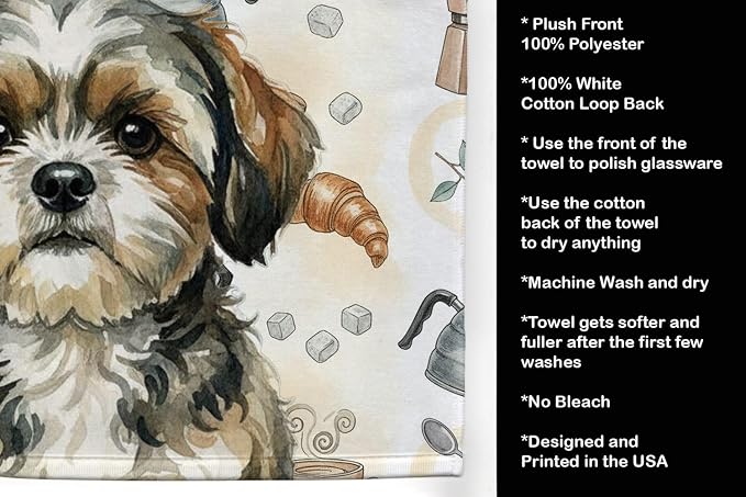 Caroline's Treasures Brindle Shih Tzu Coffee Bar Kitchen Towel Velour Plush Front and Cotton Loop Back Machine Washable