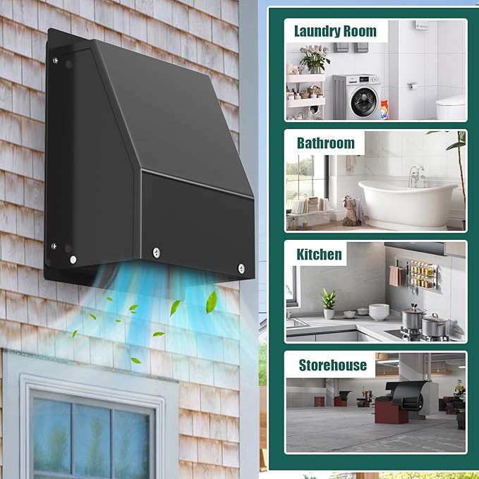 8 Inch Hooded Wall Vent with Screen and Damper, Outdoor Wall Exhaust Vent Cover Cap Kit for Exterior Kitchen Range Hood Bathroom Ventilation Dryer HVAC Duct Air Exhaust Vents, Galvanized Steel, Black