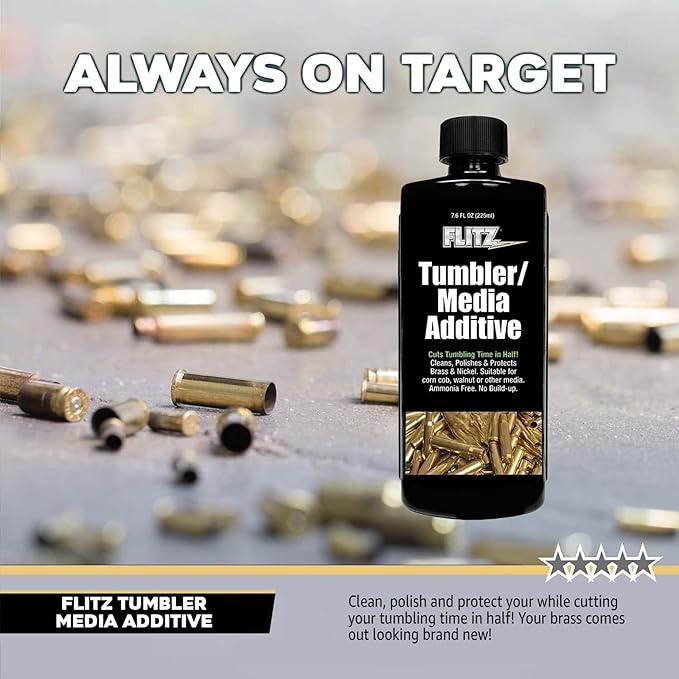Flitz Tumbler Media Additive - 16oz Bottle of USA-Made Brass Cleaner Reloading Liquid for Ammo, Copper, & All Metals - Ammonia-Free Tumbling Polish to Remove Oxidation, Powder Residue (6 Pack)
