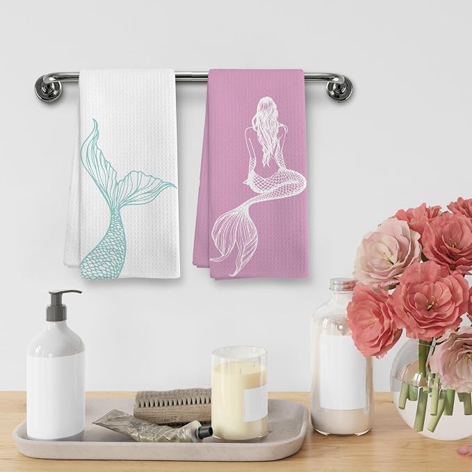 Coastal Mermaid Beach Decor Dish Hand Tea Towels for Bathroom Kitchen, Mermaid Ocean Beachy Bathroom Decor Gifts for Girls, Pink Blue Nautical Kitchen Towels and Dishcloths Sets of 2, 16x24in