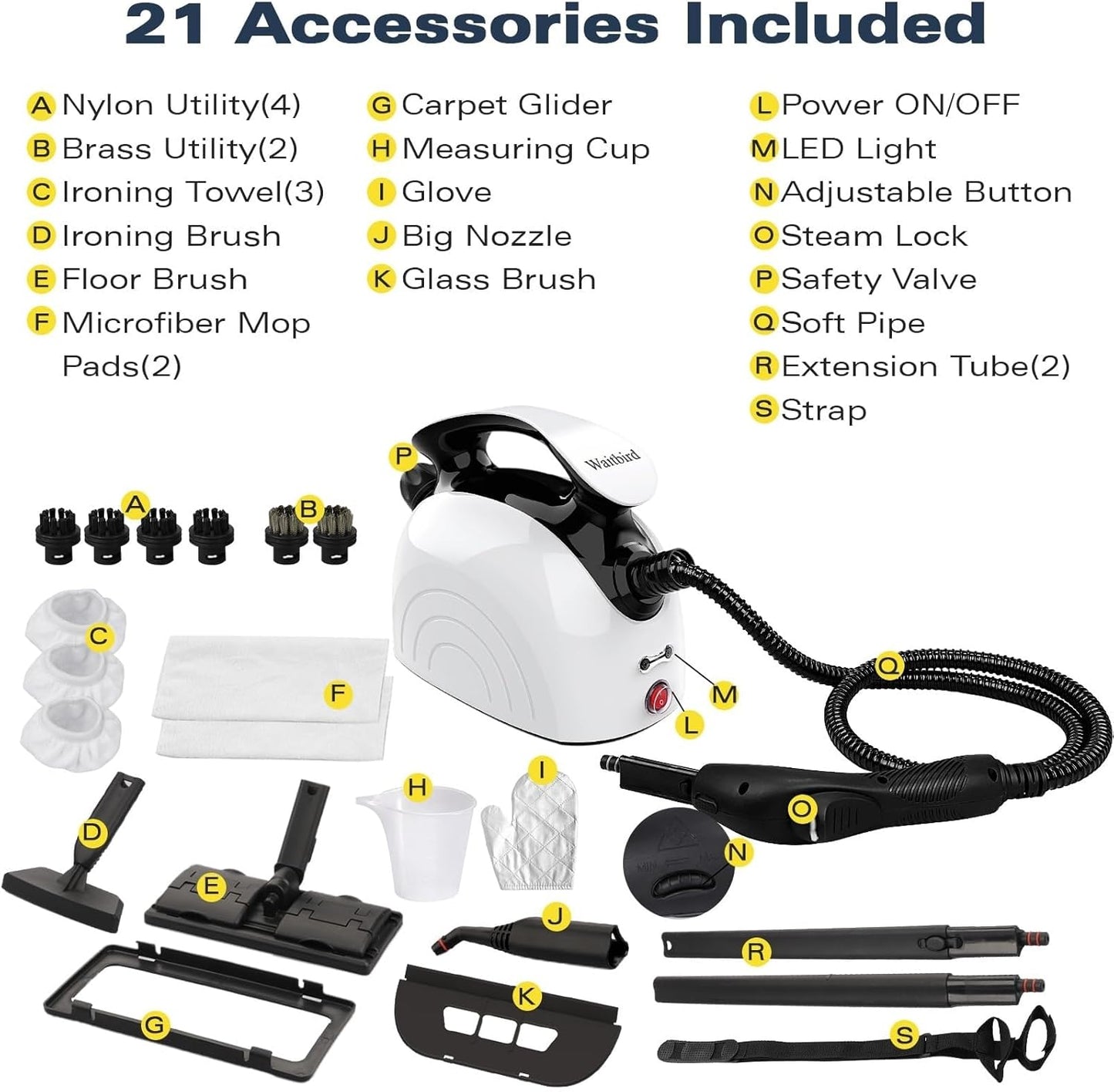 Steam cleaner, equipped with 21 specialized accessories, 1.08-liter water tank, 248°F high-temperature steam, suitable for floors, tile grout, tiles, carpets, and cars, chemical-free cleaning (White)