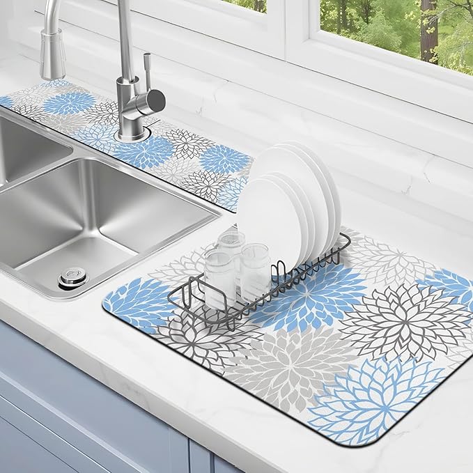 Dish Drying Mat for Kitchen Counter Matt, 2PCS 23"x15" Dish Drainer Mat & 24"x5.5" Sink Splash Guard, Super Absorbent Non-slip Rubber Backed