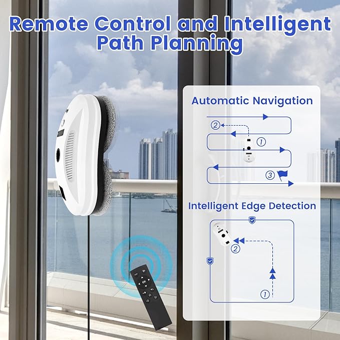 Window Cleaning Robot, Auto-Spray Window Cleaner, AI Path Planning & Edge Detection, 3000Pa Suction, Remote Control, Ideal for Glass Windows that are Difficult to Reach Manually