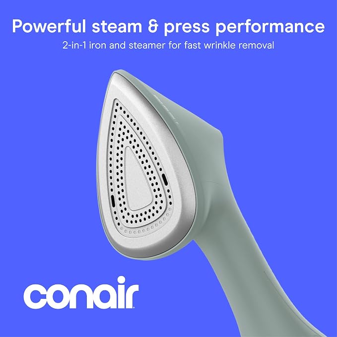 Conair 2-in-1 Iron Garment Steamer | 1700W Turbocharged Steam for All Fabric Types, Steam and Press, Green, GSI200TG
