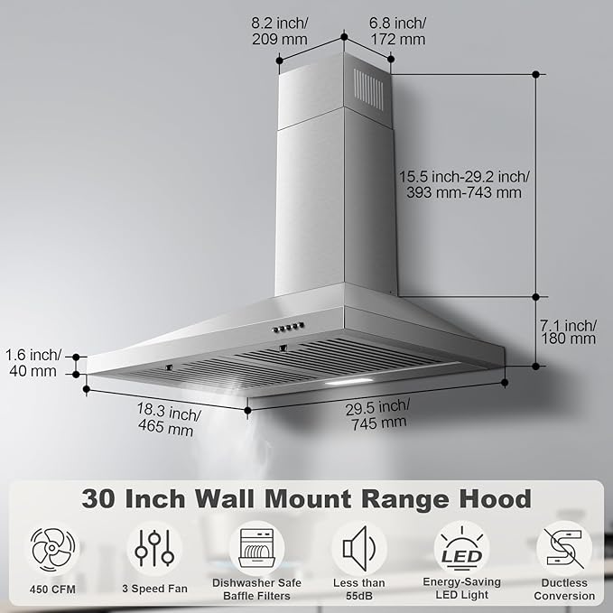 Range Hood 30 inch, Wall Mount Range Hood Ducted/Ductless, Kitchen Hood in Stainless Steel, Vent Hood with Baffle Filters, 3 Speed Fan, Push Button Control, Energy-Saving LED Light
