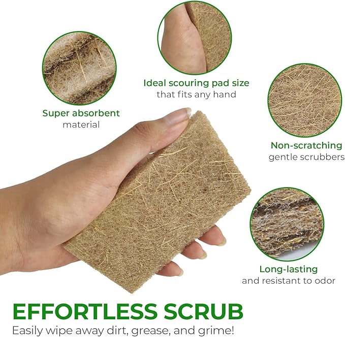 AIRNEX Biodegradable Scrubbing Pads for Dishes - Pack of 24 Coconut Fiber Scrub Pads for Dishes - Non Scratch Scouring Pads for Pots and Pans with Pack of 16 Cellulose Compressed Sponges