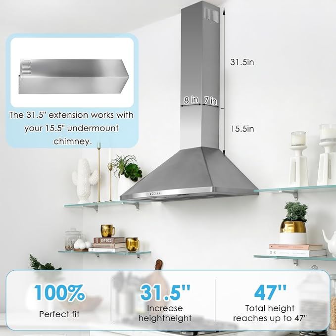 31.5" x 8" x 6.7" Range Hood Extension Fit for SNDOAS GD24 GD17, Upper Piece Stainless Steel Range Hood Chimney Extension for High Ceilings, Extend Ventilation Reach, Sleek Modern Design