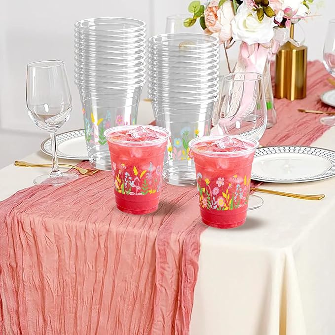 100 Pcs Wildflowers Plastic Cups 16 oz Spring Flowers Disposable Clear Plastic Cups Summer Drinking Cup for Floral Baby Shower Birthday Wedding Party Decoration Supplies