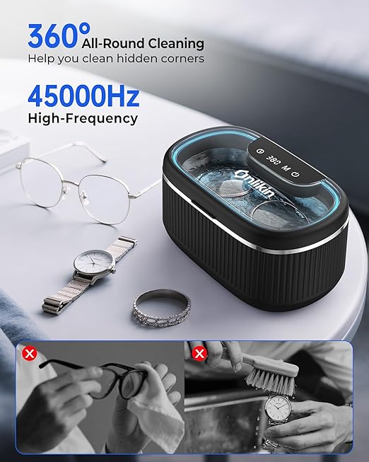 35W Ultrasonic Jewelry Cleaner, 45KHz Retainer Cleaner for Jewelry, 5 Timer & 3 Power Modes, Eyeglasses, Rings, Watch Strap, Dentures - 20oz, 304 Stainless Steel Tank, Quiet <38dB (Black)