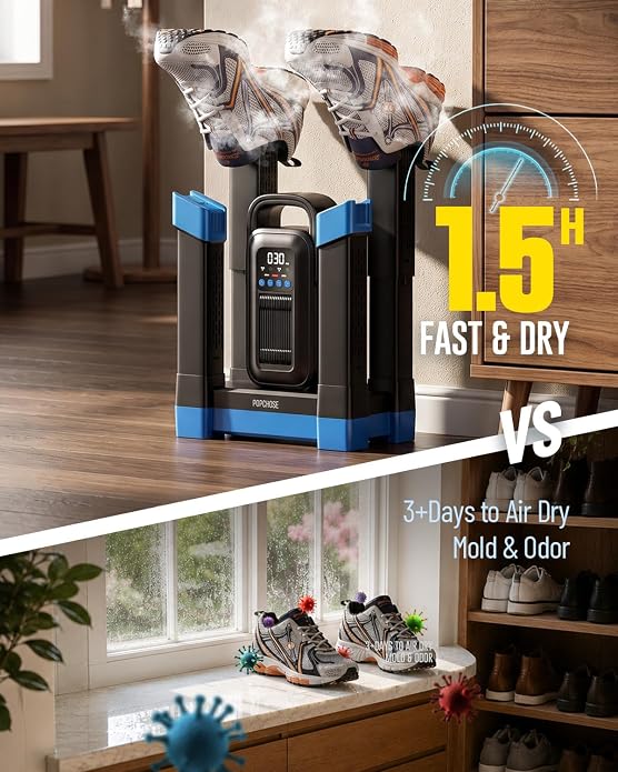 POPCHOSE Boot Dryer with Ozone Deodorizer, 1.5H Fast Drying Shoe Dryer, Silent & Adjustable Timer, Forced Heat Boot Warmer