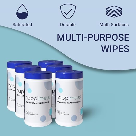 happimess WPE1001A-6SET Heavy Duty Cleaning Wipes, Multi-Purpose Multi-Surface Household Wipes, Extra Strong Cleaner for Kitchen, Bathroom, and Pet Messes, Unscented, 75 Count, Pack of 6