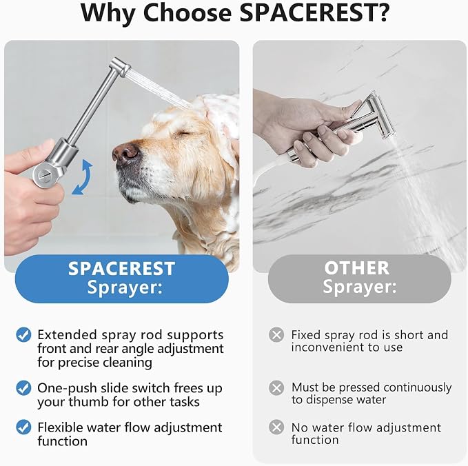 SPACEREST Handheld Bidet Sprayer for Toilet, Leak-Proof Stainless Steel Bidet Attachment for Toilet, Adjustable Spray Angle & Water Pressure, Toilet Sprayer for Personal Care, Postpartum (Silver)