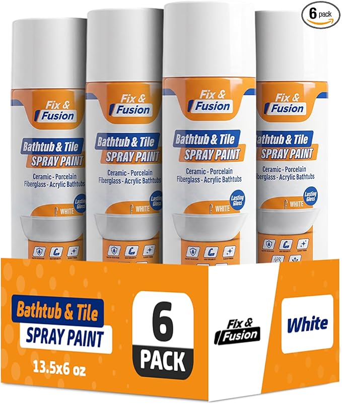 Fix & Fusion Bathtub & Tile Spray Paint, Multi-Surface Coating for Bathroom & Kitchen, High Adhesion, Water-Resistant, for Porcelain, Ceramic, Fiberglass, Countertops & More, White 13.5 oz (Pack of 6)