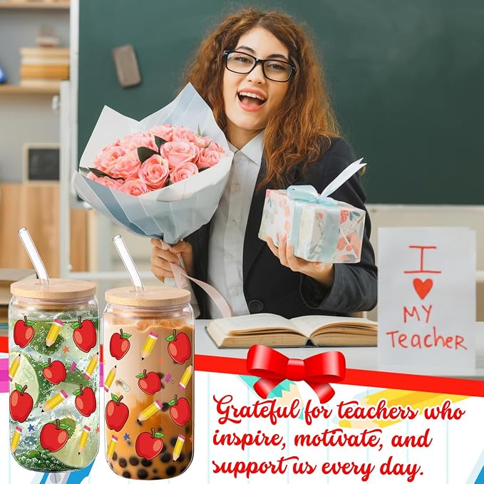 Sliner 2 Pcs Teacher Glass Cups Teacher Appreciation Gifts Iced Coffee Tumbler with Lid Straw End of Year Gifts for Teachers Students, 16 oz Pencil and Apple Drinking Glasses