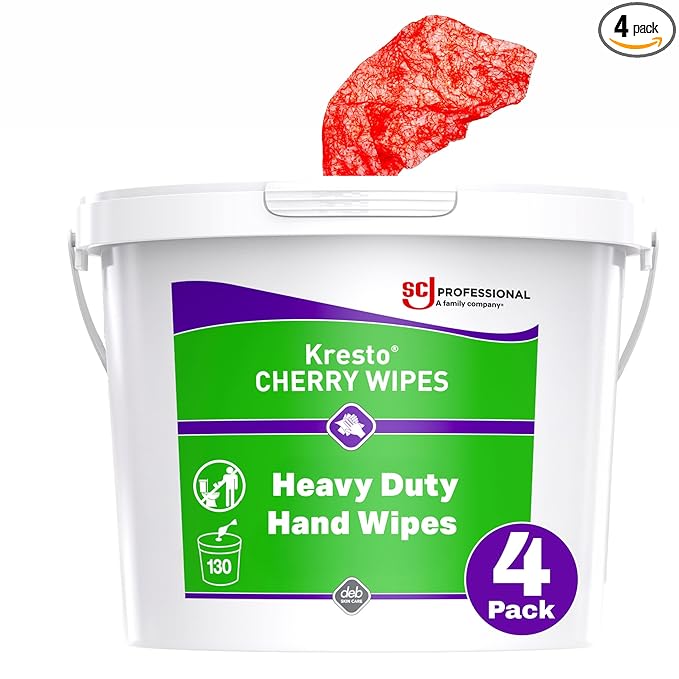 SC Johnson Professional Kresto Cherry Wipes for Heavy Duty Cleaning, 4-Pack of 130-count Buckets, Hand Cleaning Wipes for Mechanics and Other Professional Use