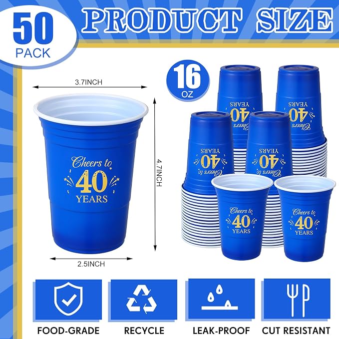 Ziliny 50 Pack 40th Birthday Cups 16 oz Cheers to 40 Years Disposable Plastic Cups Blue and Gold Birthday Party Hot Cold Drinks Tool for Party Wedding Anniversary Supplies Decorations