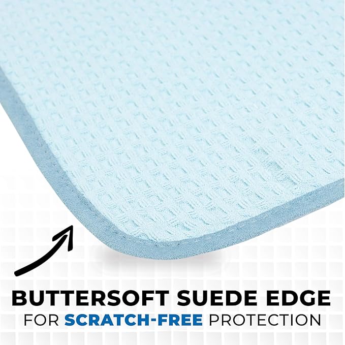 The Rag Company Dry Me A River, Professional Korean 70/30 Blend Microfiber Waffle-Weave Drying & Detailing Towels, Soft Suede Edges, 390 GSM, 16x24 Inches, Light Blue, 3-Pack