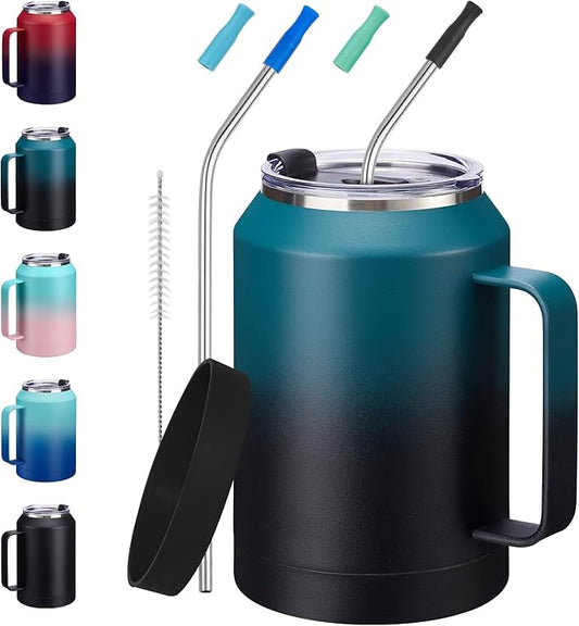 32/50oz Mug Tumbler with Handle and Straw - 32 oz Stainless Steel Wide Mouth Travel Coffee Cups w/ Lid, Reusable Home Office Work Mugs, Double Wall Vacuum Insulated Bottle Keep Cold 36 Hrs Hot 24 Hrs