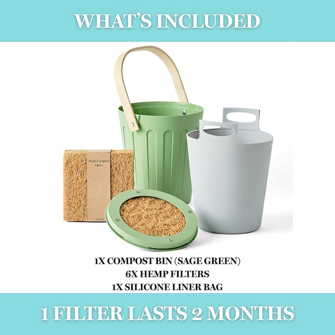 Martha Stewart Indoor Compost Bin Starter Bundle | Countertop Composting Bucket for Kitchen | .7 Gallon Capacity | Includes 6 Filters and Silicone Liner Bag | Plant Based Materials | Sage Green