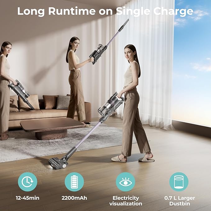 CANDY Cordless Vacuum Cleaner,45Mins Vacuum Cleaners for Home,Stick Vacuum,Strong Suction,Removeable Battery,Anti-Tangle,One Click Clean,Lightweight Handheld for Hardwood Floor Carpet Pet Hair Car