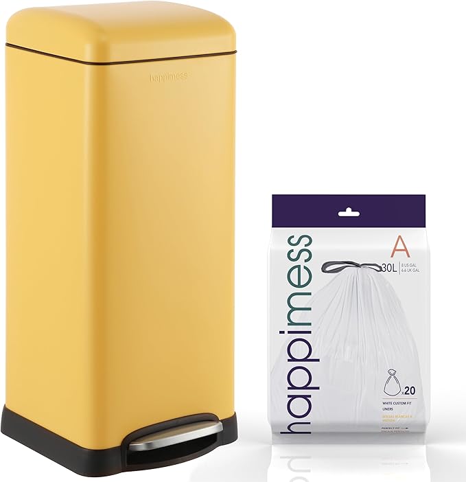 happimess HPM1007K Betty Retro 8-Gallon Step-Open Trash Can, Daffodil Yellow with Soft-Close Lid, Fingerprint Resistant, Modern, Minimalistic for Home, Kitchen, Laundry Room, Office, Bedroom, Bathroom