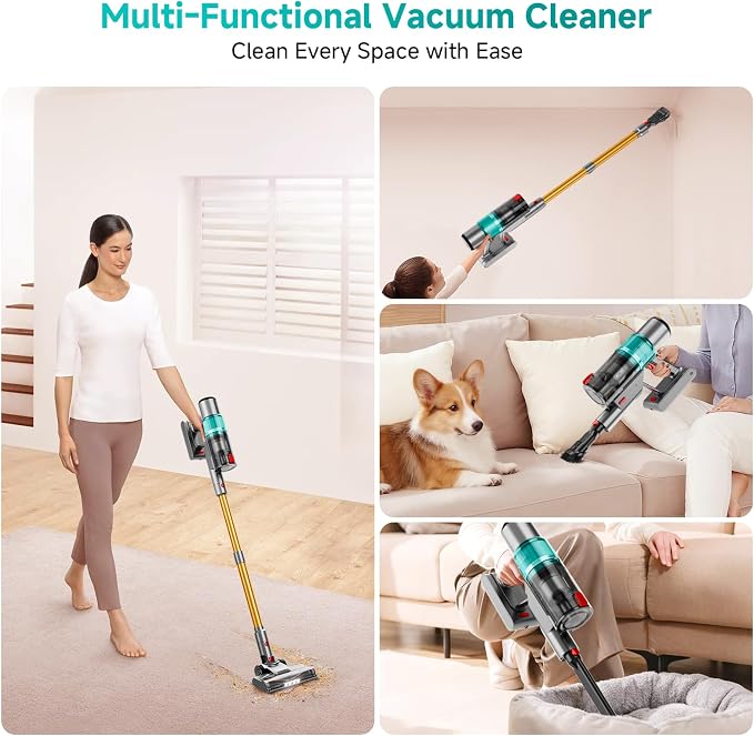 Cordless Vacuum Cleaner: 40KPA Powerful Suction Cordless Stick Vacuum Cleaners for Home, Anti-Tangle Brush, Lightweight, 6-in-1 Rechargeable Vacuum for Pet Hair/Low-Pile Carpet/Hard Floor-Green