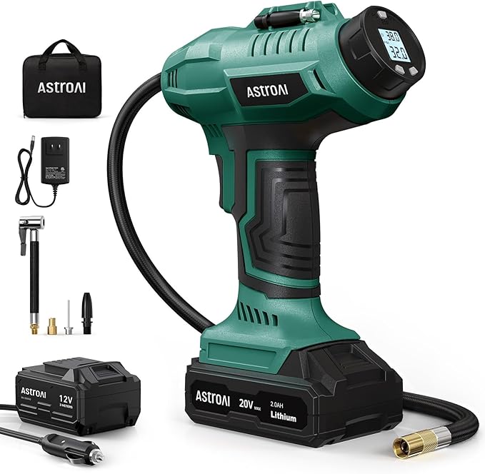 AstroAI C2 Cordless Tire Inflator Air Compressor 20V Rechargeable Battery Powered 160PSI Portable Air Pump with 12V Car Power Adapter Digital Pressure Gauge for Cars Motorcycles Green
