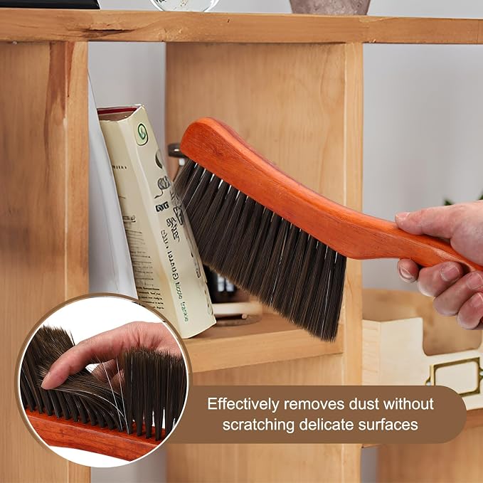 HARFINGTON Hand Broom Brush 11" Soft Bristles Dusting Brush Cleaning Duster with Curved Handle and Three Rows of Bristles for Car Bed Counter Sofa Furniture Clothes, Brown