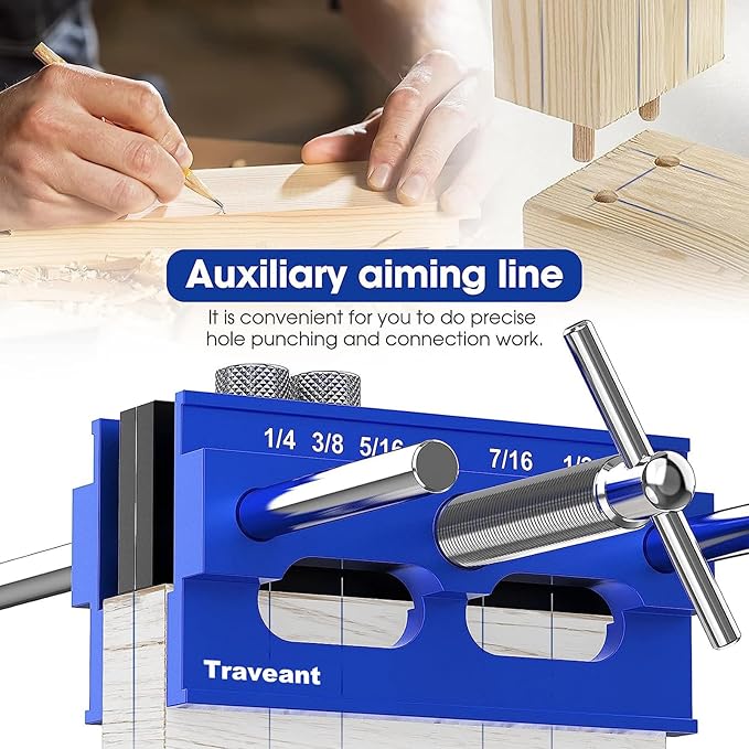 Self Centering Dowel Jig kit, Drill Guide Bushings Set, Wood Working Tools Drill and Accessories, Adjustable Width Drilling Guide Power Tool Accessory Jigs Tools for Men (Klein Blue, XL)