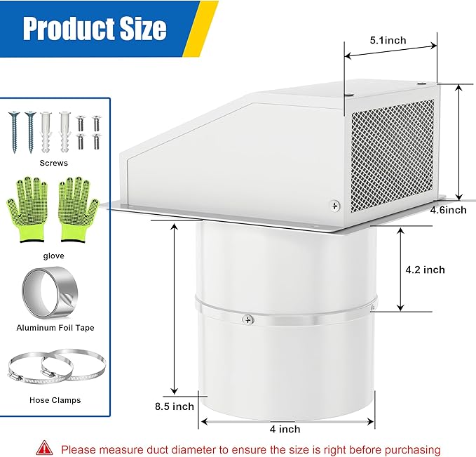4 Inch Dryer Vent Cover Outside Hooded Wall Vent with Screen and Damper,Galvanized Steel Wall Mount Extractor Vent Cap Exhaust Vent for Bathroom/Laundry/Kitchen/Dryer Duct AC Air Ventilation, White