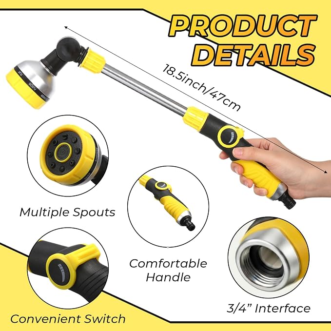 Hushee 2 Pcs Garden Watering Wand, 18.5 Inch Hose Watering Wand with 180° Rotating Head, Thumb Flow Control, 8 Spray Patterns, Garden Hose Nozzle Sprayer for Lawn, Plants, Car Wash