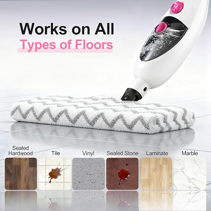 12-in-1 Steam Mop Cleaner, 15-Sec Fast Heat-Up, 1200W Floor Steamer with Double-Sided Pads, Removes 99.99% Stubborn Stains for Hardwood Floors, Marble, Clothes, Windows, Tiles, White
