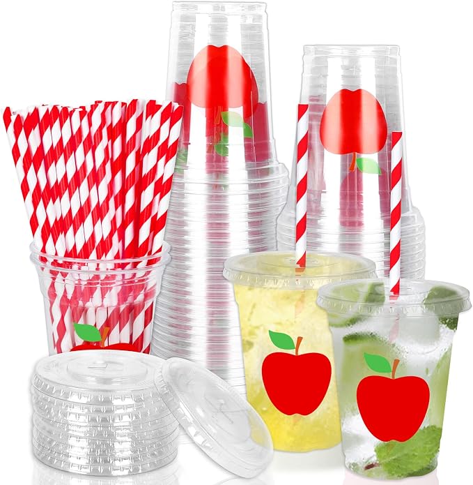 Whaline 50 Pcs Back to School Apples Disposable Plastic Cups with Lids and Straws 12 Oz Red Apples Cold Beverage Drinking Cups for First Day of School Teacher Party Supplies
