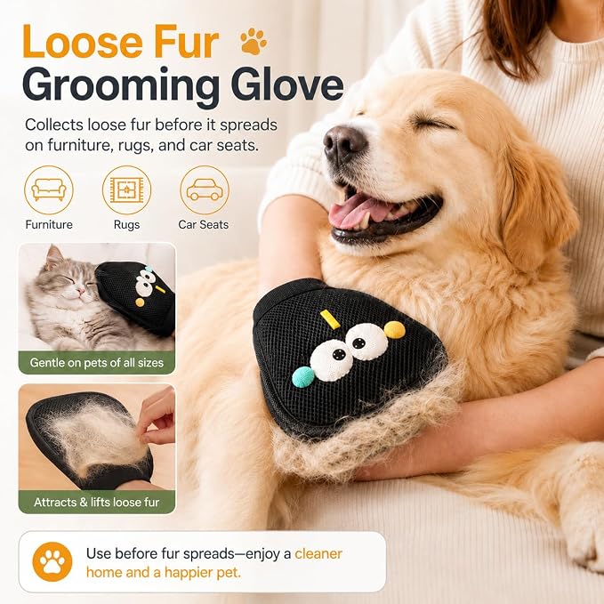 GOOGO Pet Hair Removal Kit, Black Carpet Rake and Scraper | Designed for daily fur pickup on carpets, upholstery, pet beds and car mats, with a long handle rake, scraper and glove.