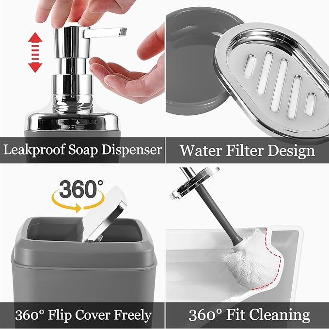 XLHOMO Grey Bathroom Accessories Sets Complete, 9-Piece Bathroom Accessories with Trash Can, Vanity Tray, Soap Dispenser, Soap Dish, Toothbrush Holder, Toothbrush Cup, Toilet Brush and Qtip Holders