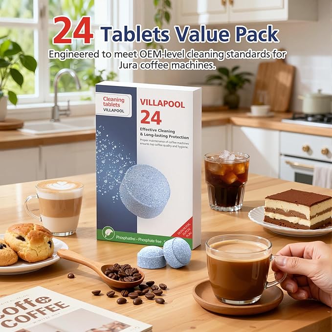 Cleaning Tablets for Jura, 24-Count Cleaning Tablets Compatible with all Jura Automatic Coffee Centers, Removes Coffee Oil Residues, Keeps Brew Unit Clean & Fresh Replaces Part # 64308