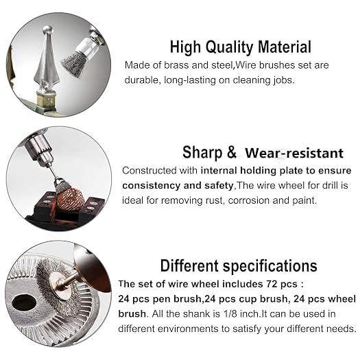 Rocaris 72 Pack Wire Wheel Brushes Set, Brass and Steel Wire Brush Set 1/8" Shank for Rotary Tools Accessories Polish Clean Tools