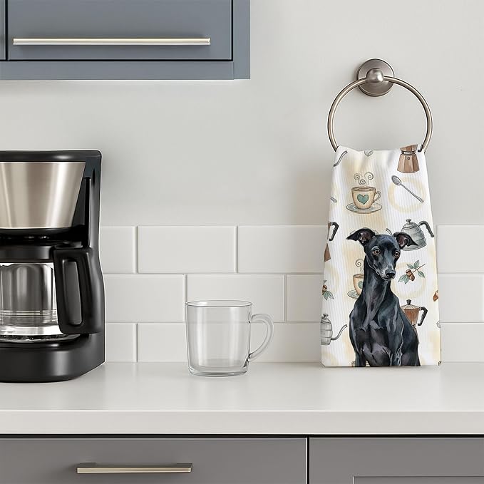 Caroline's Treasures Black Italian Greyhound Coffee Bar Kitchen Towel Velour Plush Front and Cotton Loop Back Machine Washable