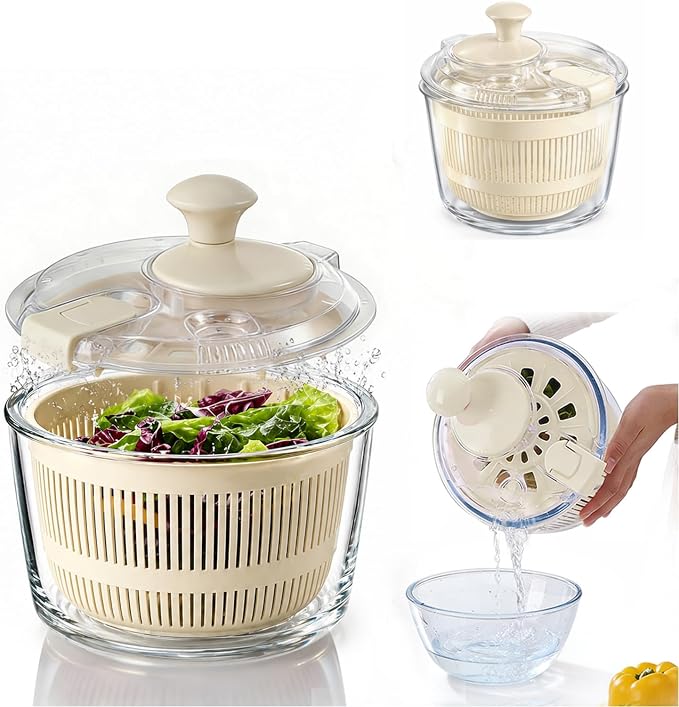 Glass Salad Spinner 3.2 Qt, Small Salad Spinner with Glass Bowl Removable Lid for Easy Cleaning Dishwasher Safe Glass Bowl Vegetable and Fruit Washer Dryer with Drain Spout Crank Handle White